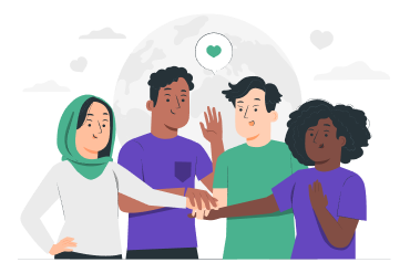 four people with their hands together in cooperation