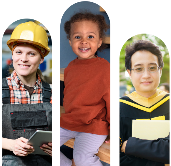 a woman in a hardhat, a young child, and a student in a graduation commencement robe